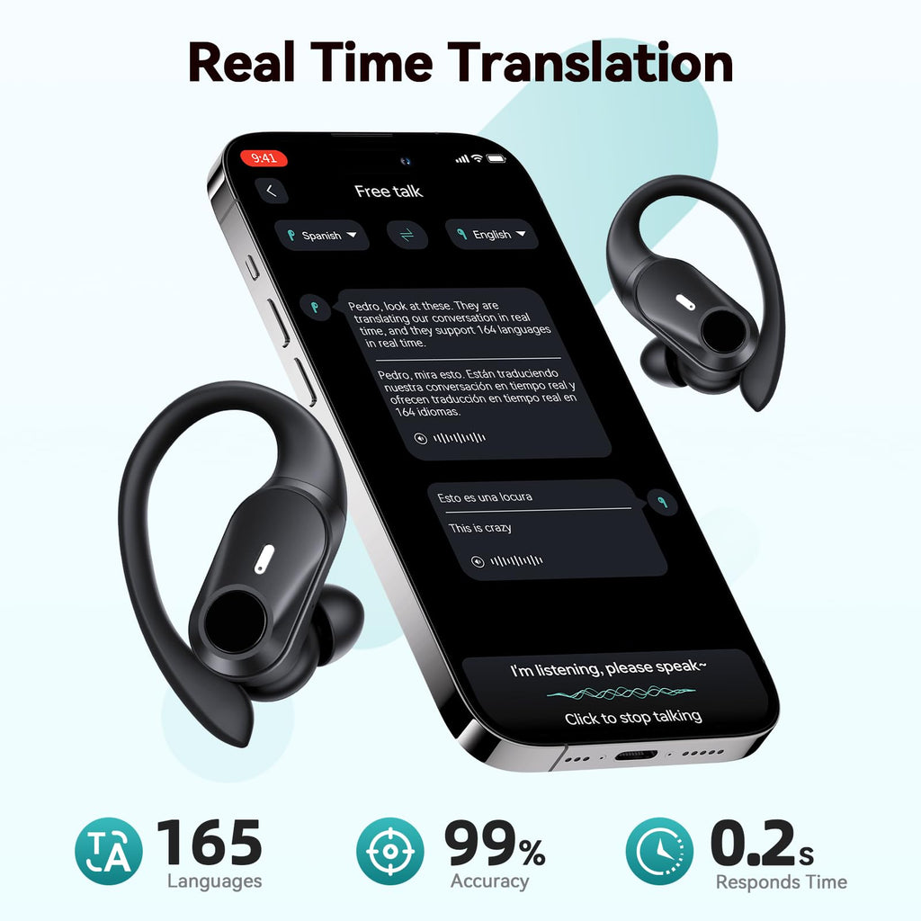 Active Noise Cancelling Ear Buds Wireless Bluetooth Headphones 80H Playtime Display Charging Case 50dB ANC Over - AI Translation Black view 4