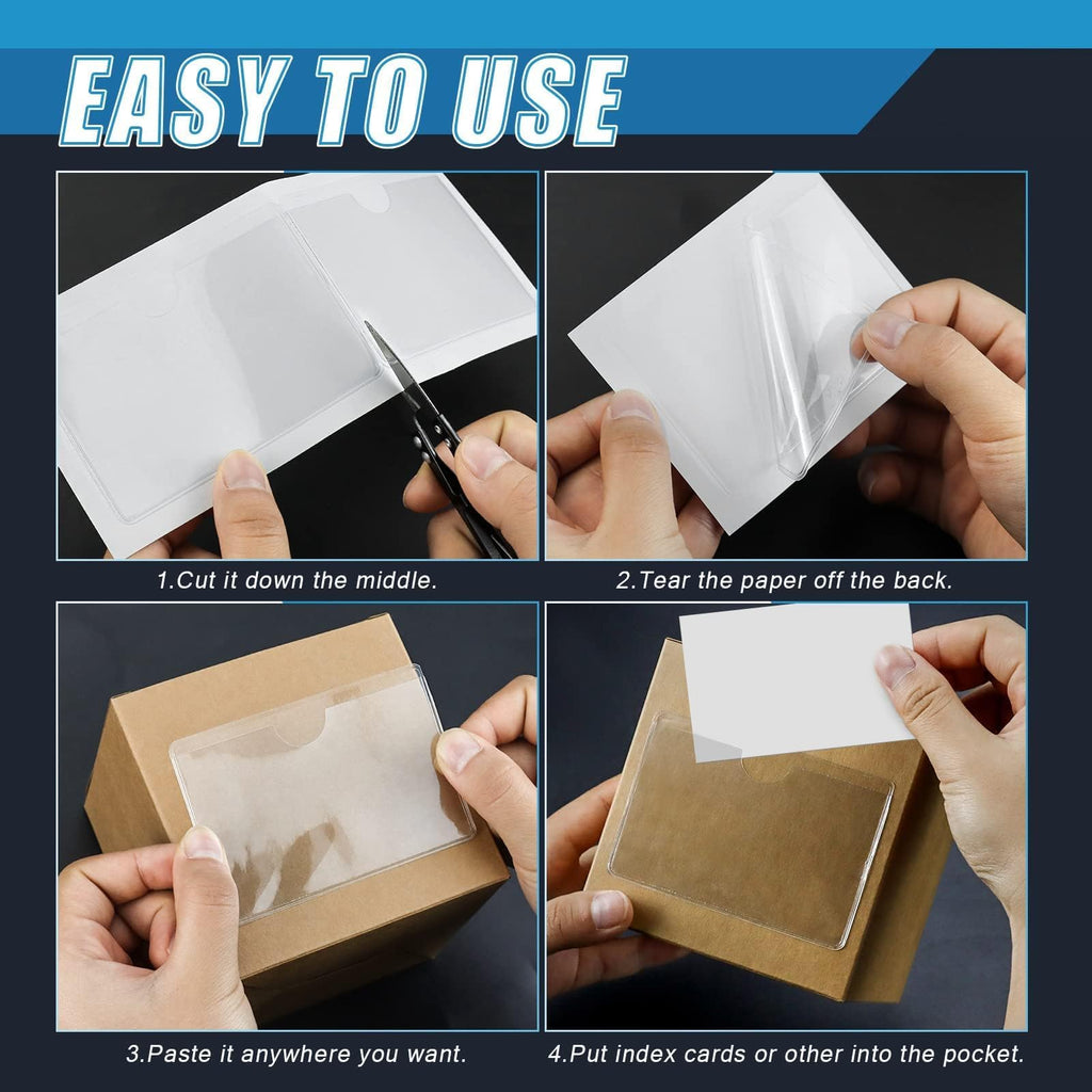 WYOMER Clear Self-Adhesive Business Card Pockets and Top Open Library Card Pockets - 100 / 2.3" x 3.7" view 4