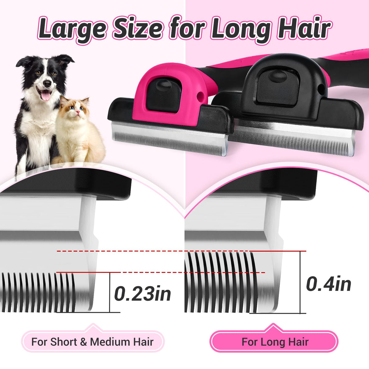 MIU COLOR Pet Grooming Brush Deshedding Tool for Dogs & Cats - Hot Pink / Long Hair view 1