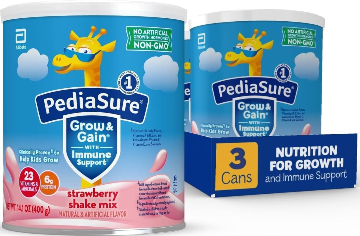 PediaSure Grow & Gain Shake Mix, 6g Protein, Strawberry, 14.1 oz Can, 3pk (66957)