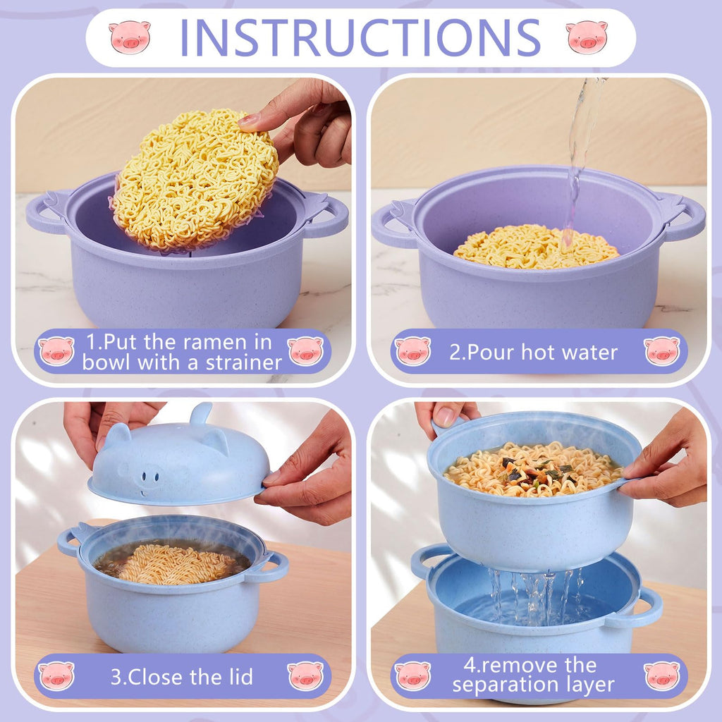 Romooa 45oz Cute Pig Ramen Bowl Set Microwavable