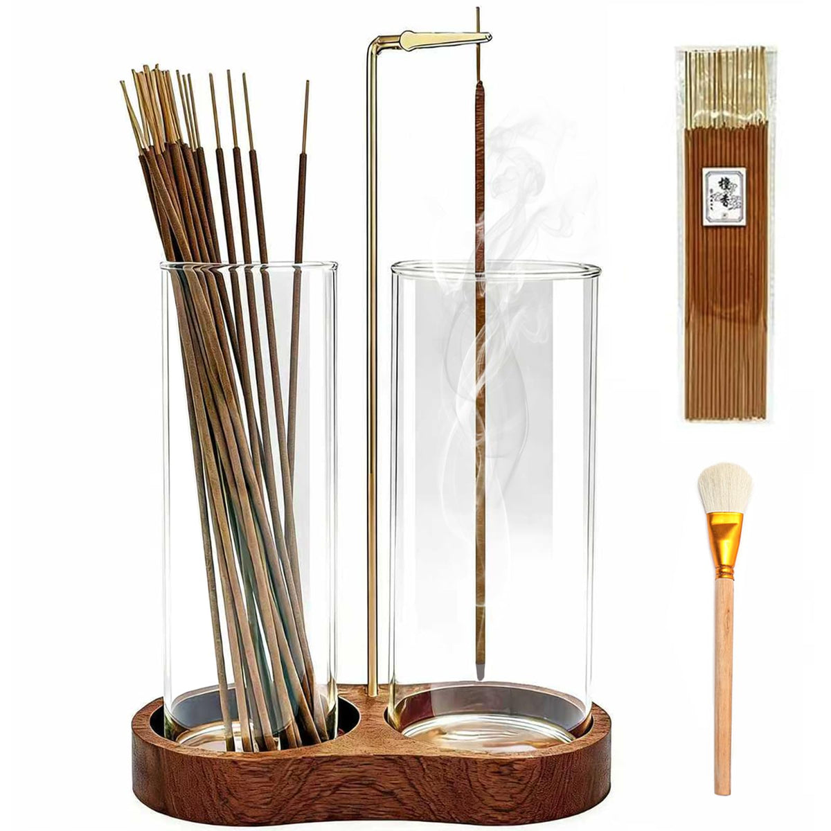 Ceremony Incense Holder,2 in 1 Wooden Incense Burner(Transprent, Two Glass)