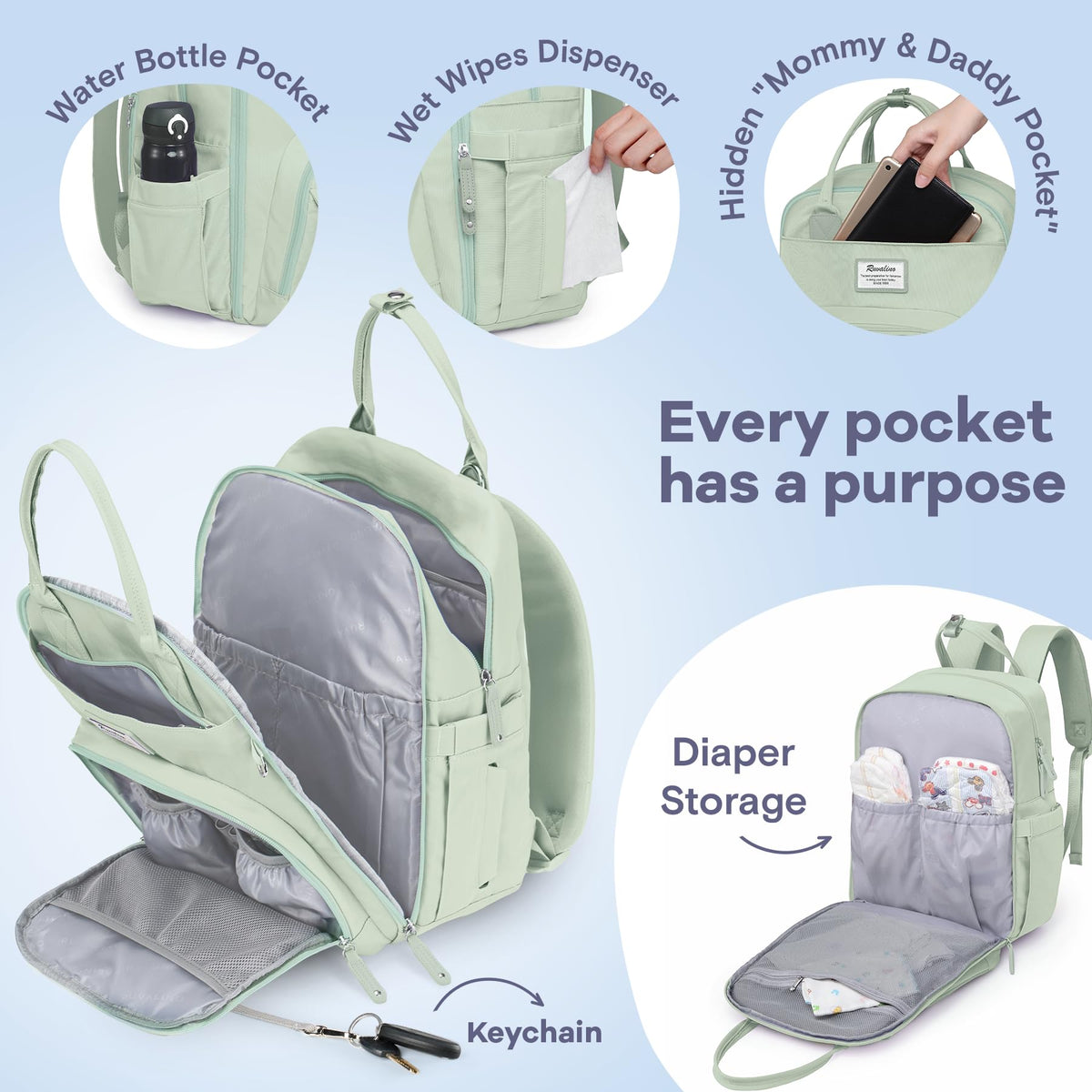 RUVALINO Diaper Bag Backpack-Multifunction Baby Travel Bag with Changing pad, Insulated Bottle Holders & Pacifier Case