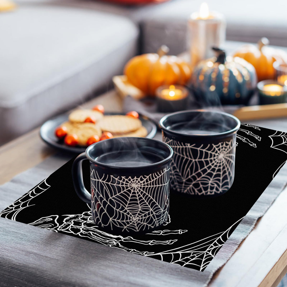 HINGTAI 4Pcs Halloween Skeleton Spooky Spider Black Placemats Set of 4, Suitable for (additional view 4)