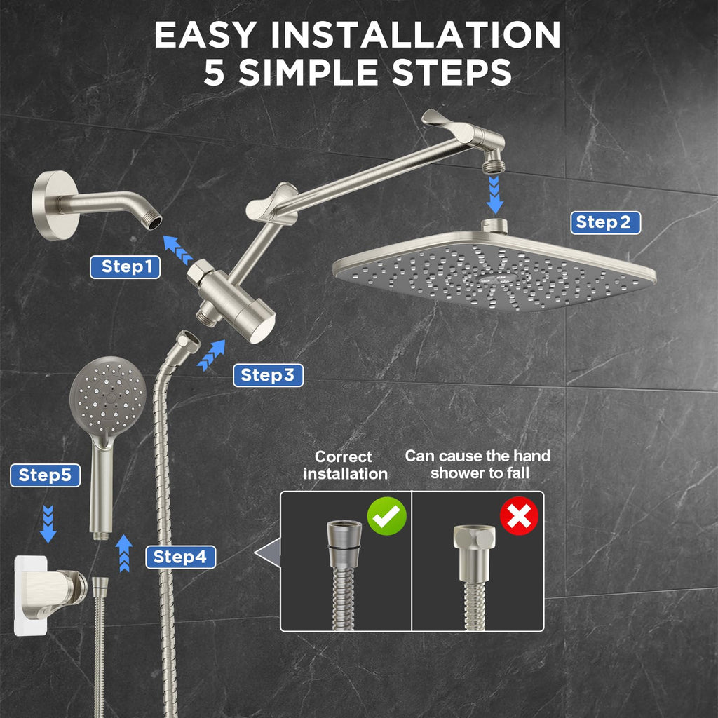 Veken Brushed Nickel 11.8" Shower Head with Handheld,Stain Resistant Finish (SHC5V403)