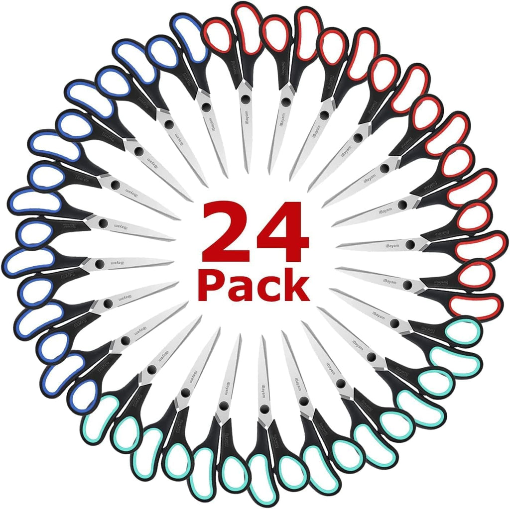 iBayam 8.5" All Purpose Sharp Black Scissors, Comfort-Grip Handles, 24-Pack