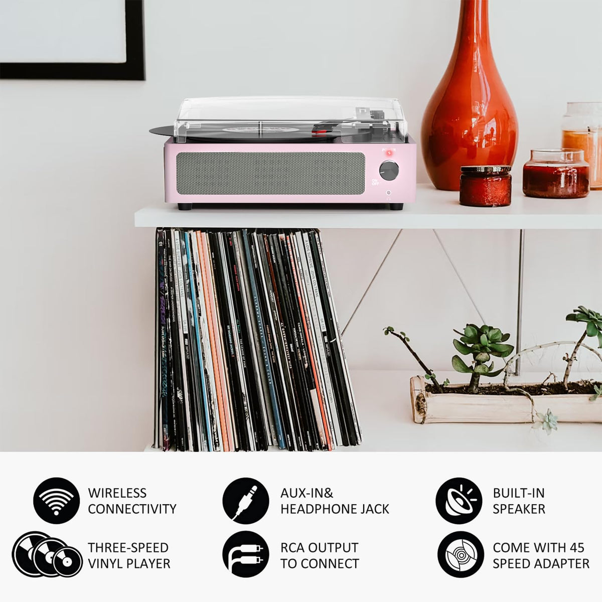Seasonlife Vinyl Record Player with Speakers Turntable for Vinyl,Pale Pink (additional view 4)