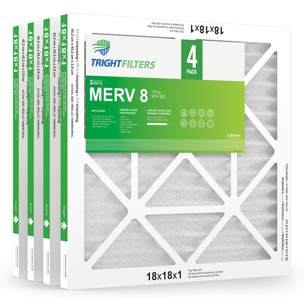 TRIGHTFILTERS 18x18x1 Air Filter 4 Pack, MERV 8