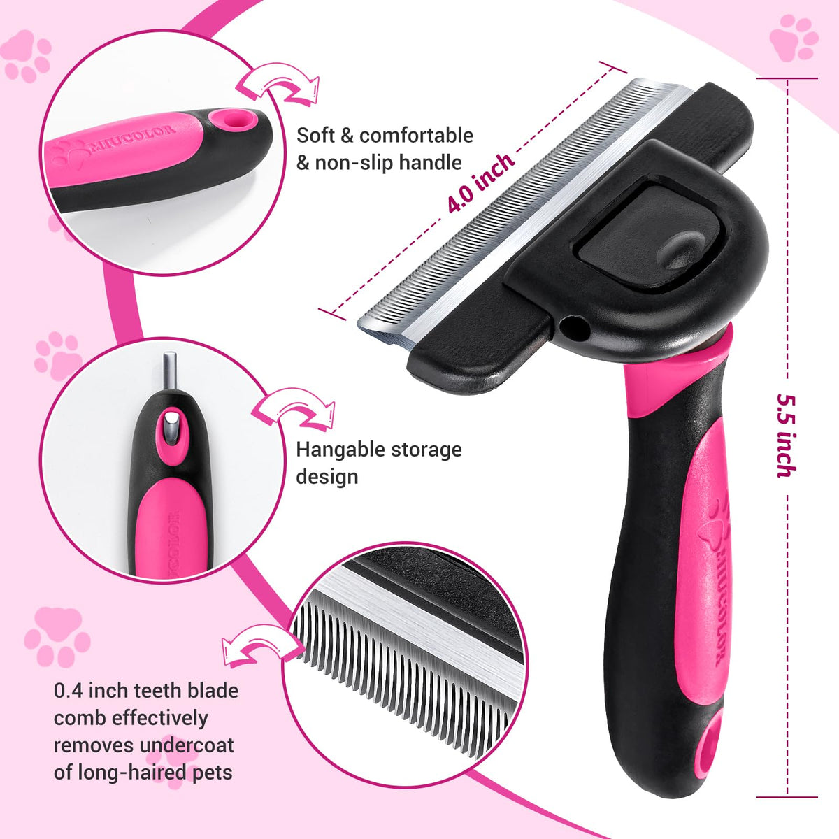 MIU COLOR Pet Grooming Brush Deshedding Tool for Dogs & Cats - Hot Pink / Long Hair view 4