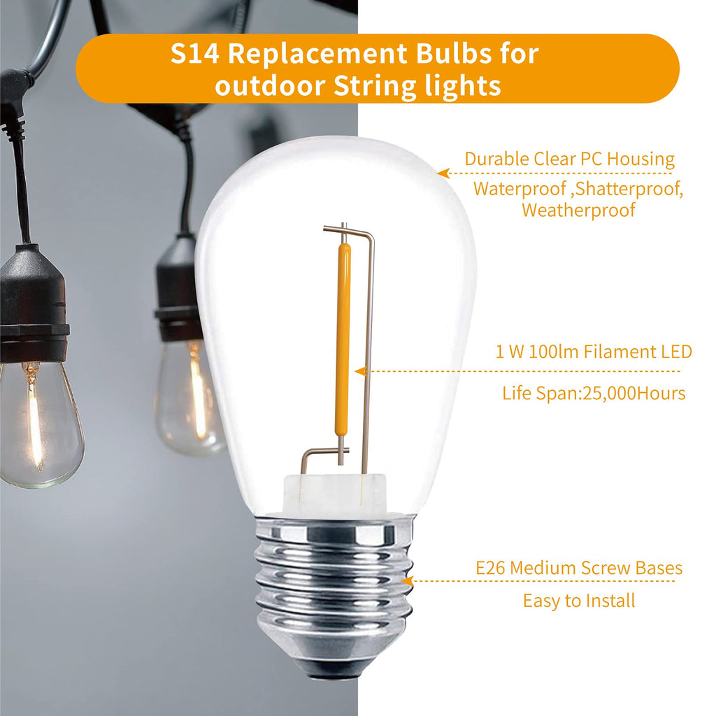 Meconard Pack S14 LED Outdoor String Light Replacement Bulbs, Warm White