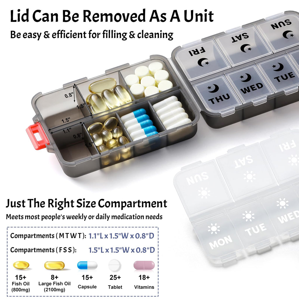 Foldable Portable 7 Day Pill Organizer 2 Times a Day, AM PM Weekly Pill Box