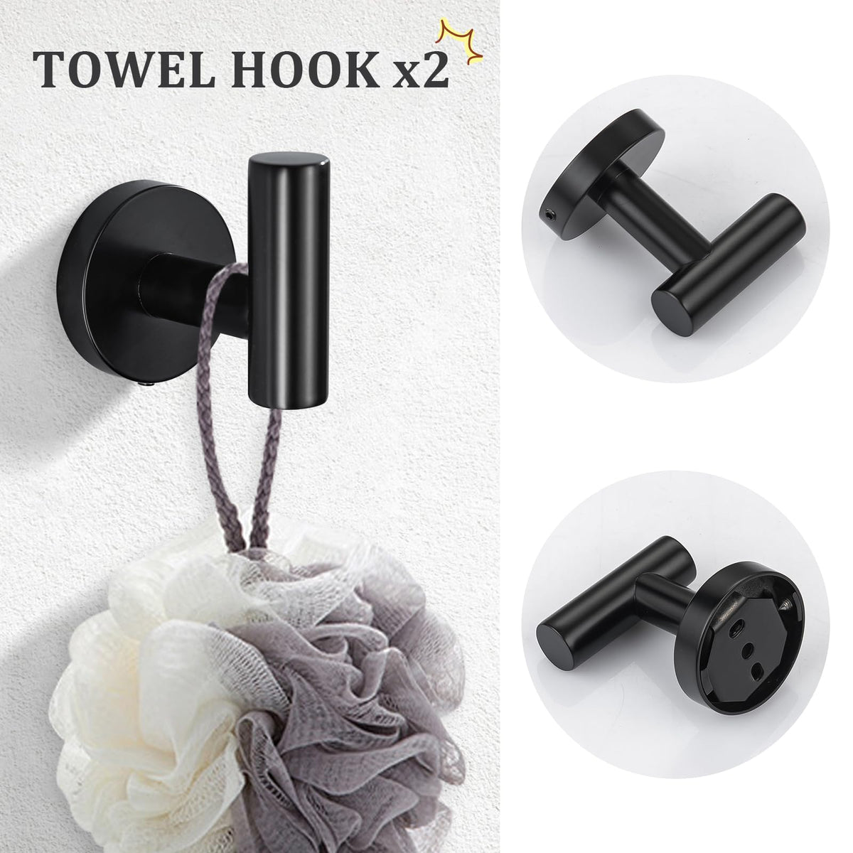 TURS Matte Black Bathroom Hardware Set 5 Piece, SUS304 Stainless Steel Bath Towel Bar (additional view 4)