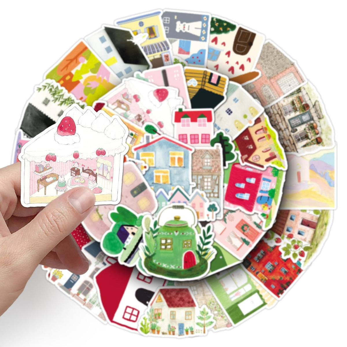 Cute Cartoon House Stickers for Journaling - 50PCS Aesthetic Watercolor House Stickers (additional view 3)