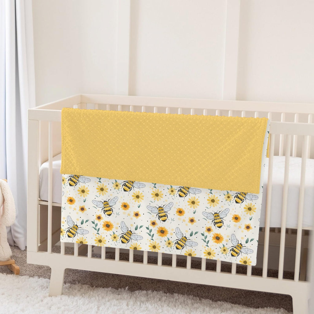 Bee Floral Baby Blanket Soft Mink Dotted Backing Double Layer Swaddle Receiving Blanket 30x40 - Yellow view 4