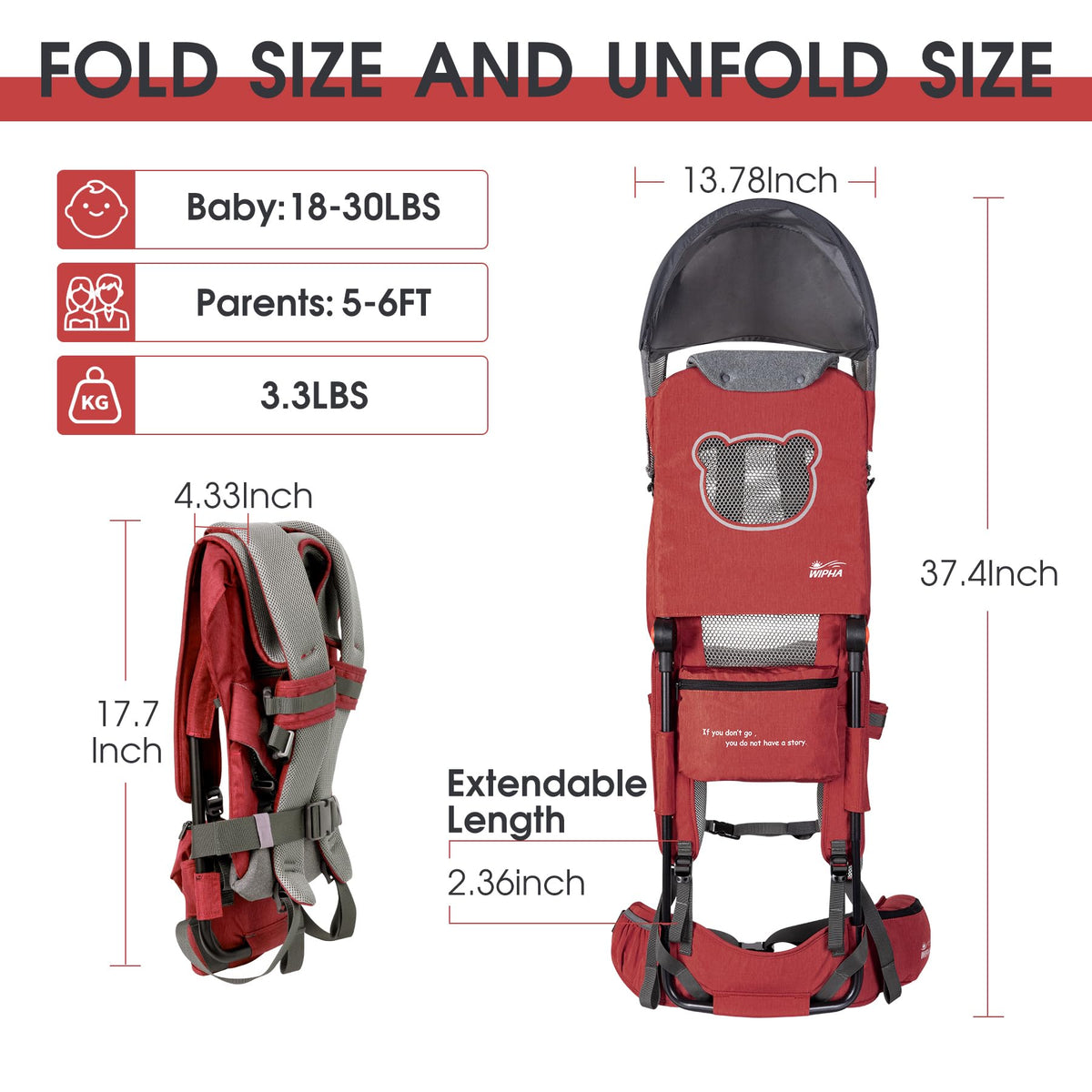 WIPHA Toddler Hiking Backpack Carrier - Red view 3