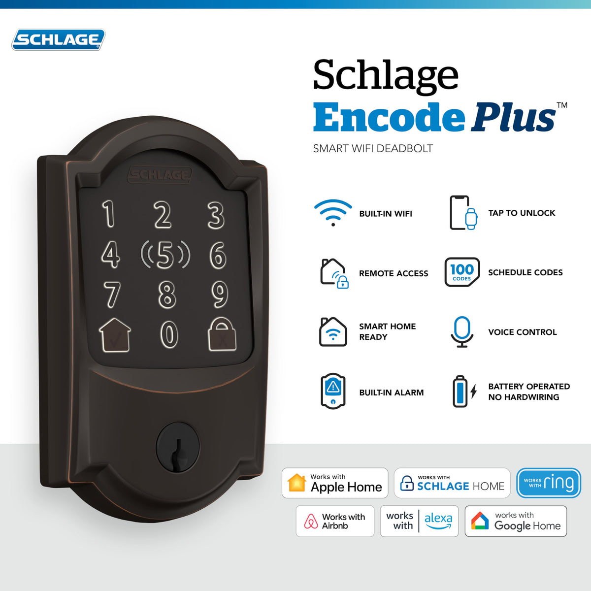 Schlage Encode Plus Smart WiFi Deadbolt Lock, Tap to Unlock
