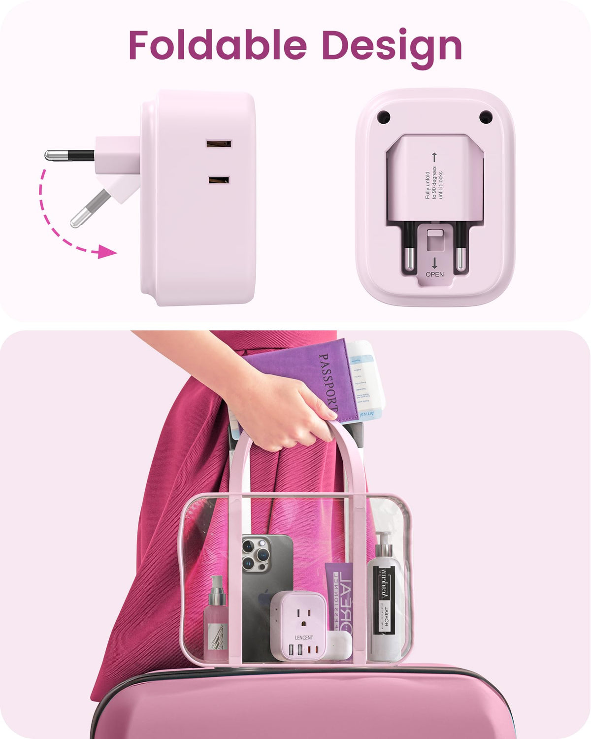 LENCENT Travel Plug Adapter - Type C-17.5W-Most of Europe-Pink view 1