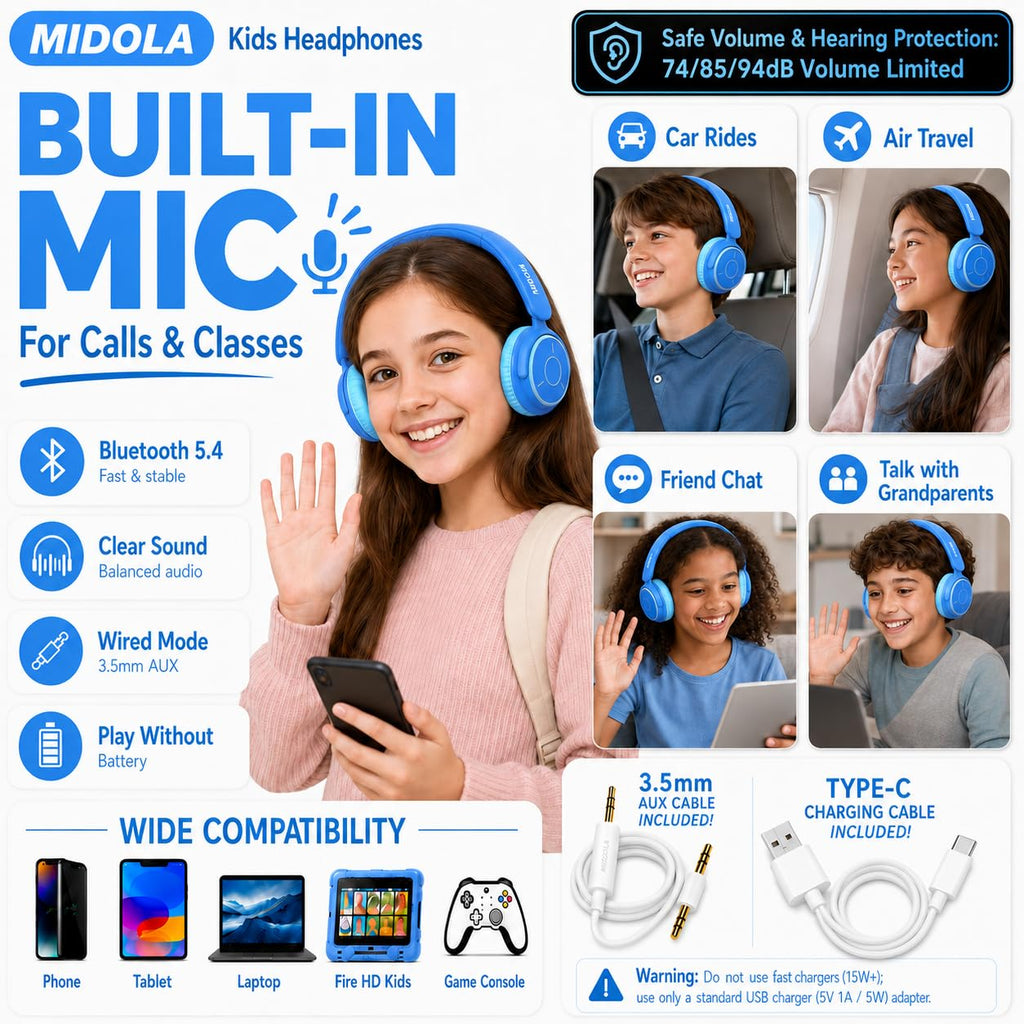 Kids Bluetooth Headphones Wireless Over-Ear,68Hrs,Volume Limit 85/94dB - Blue view 3