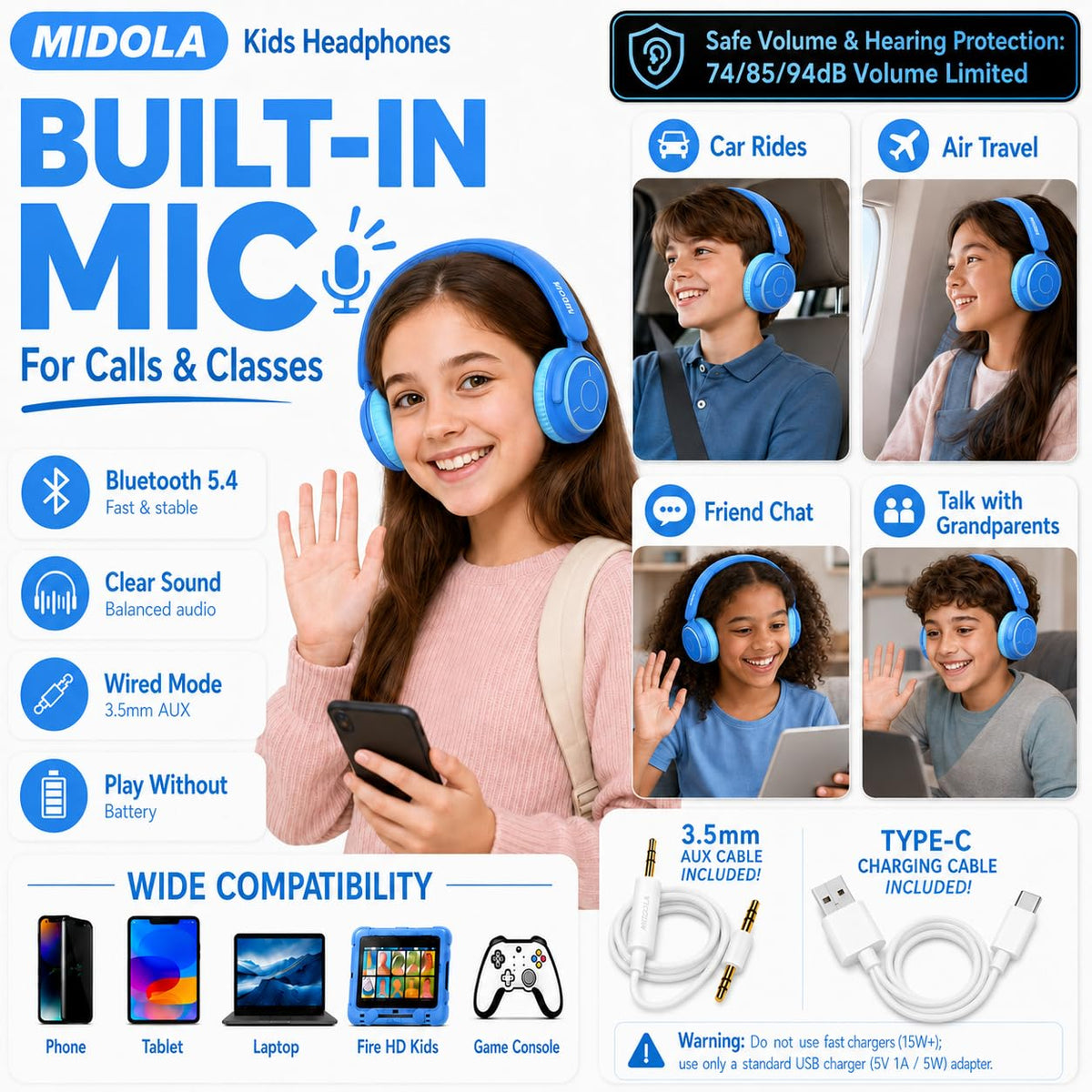 Kids Bluetooth Headphones Wireless Over-Ear,68Hrs,Volume Limit 85/94dB - Blue view 3
