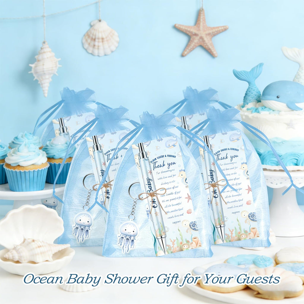 EYNDYN 145 Pieces Baby Shower Favors Ballpoint Pens and Keychains Gifts Bulk Retractable Pens Gender Reveal Cards Souvenirs - 72 / Sea view 4