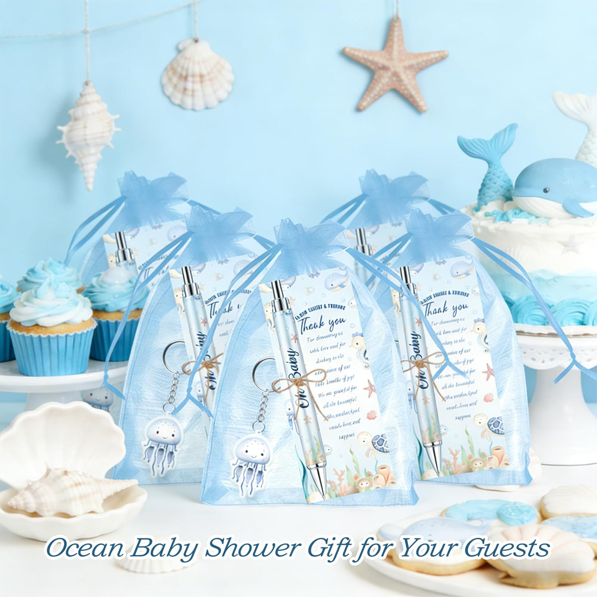 EYNDYN 145 Pieces Baby Shower Favors Ballpoint Pens and Keychains Gifts Bulk Retractable Pens Gender Reveal Cards Souvenirs - 72 / Sea view 4