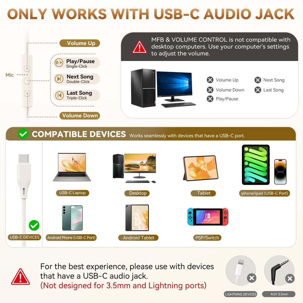 KVIDIO Wired Headphones with Mic - Beige view 2