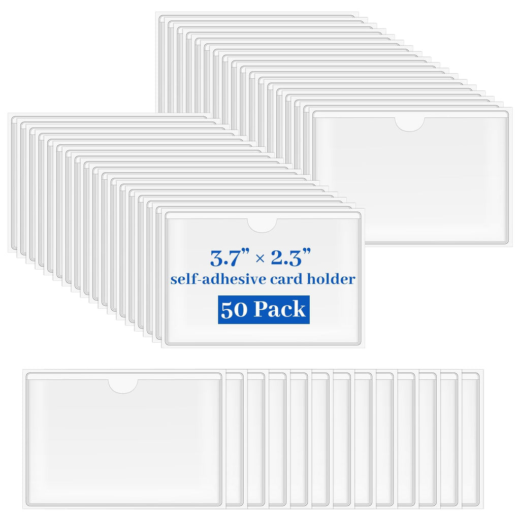 WYOMER Clear Self-Adhesive Business Card Pockets and Top Open Library Card Pockets - 50 / 2.3" x 3.7"