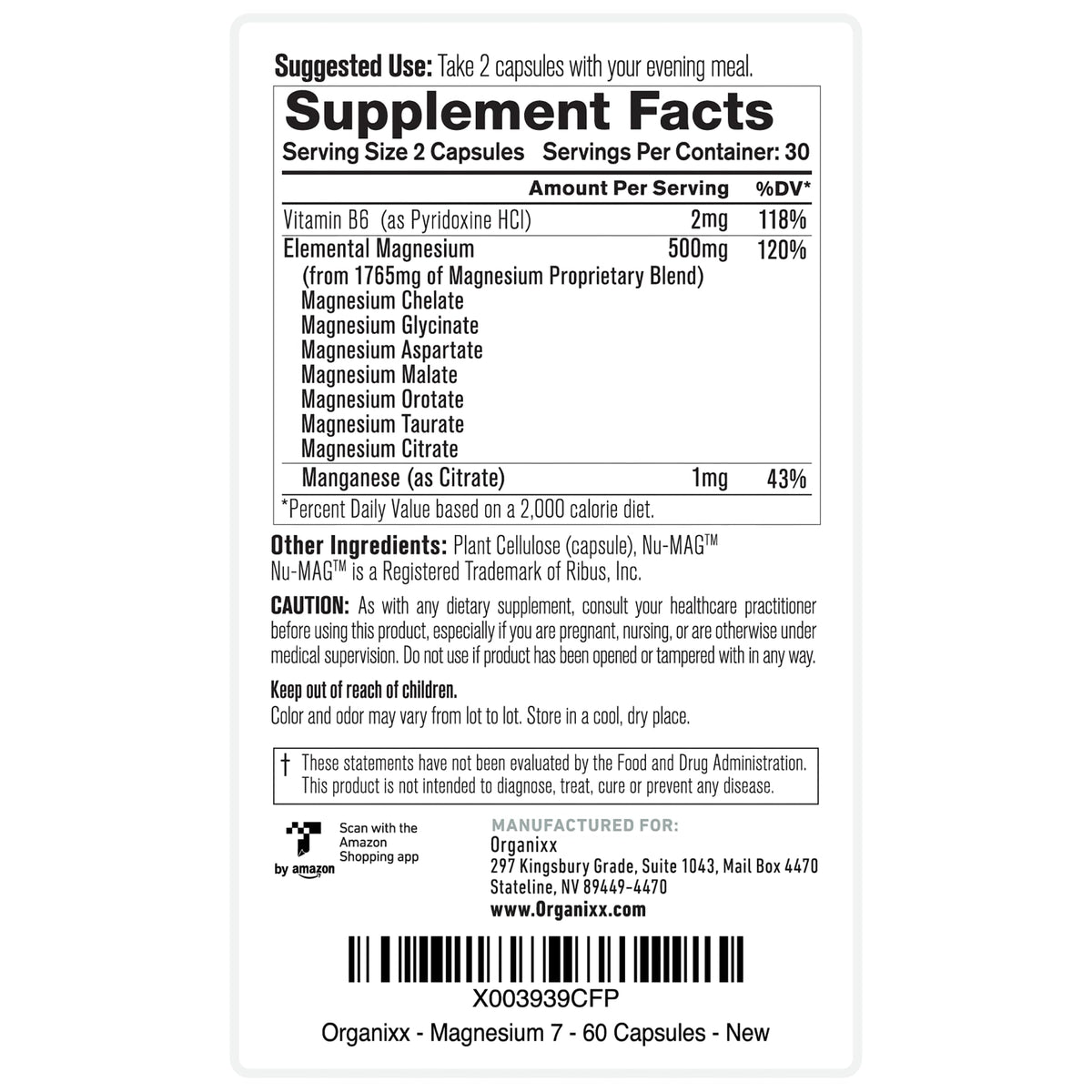 Organixx Magnesium 7 Complex, Sleep & Muscle Support
