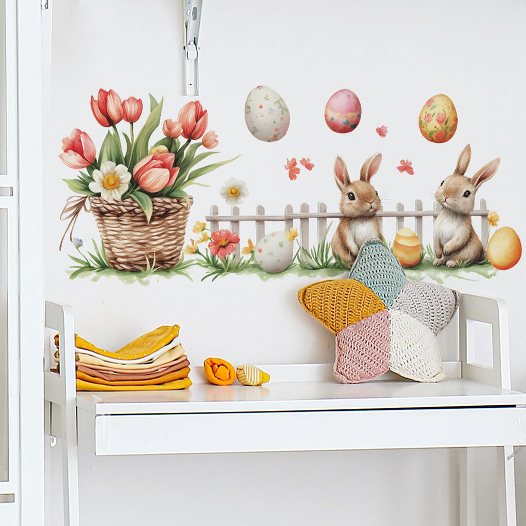 Generic Easter Wall Stickers: Rabbit Easter Eggs & Flowers Design, Multicolor, PVC (additional view 4)