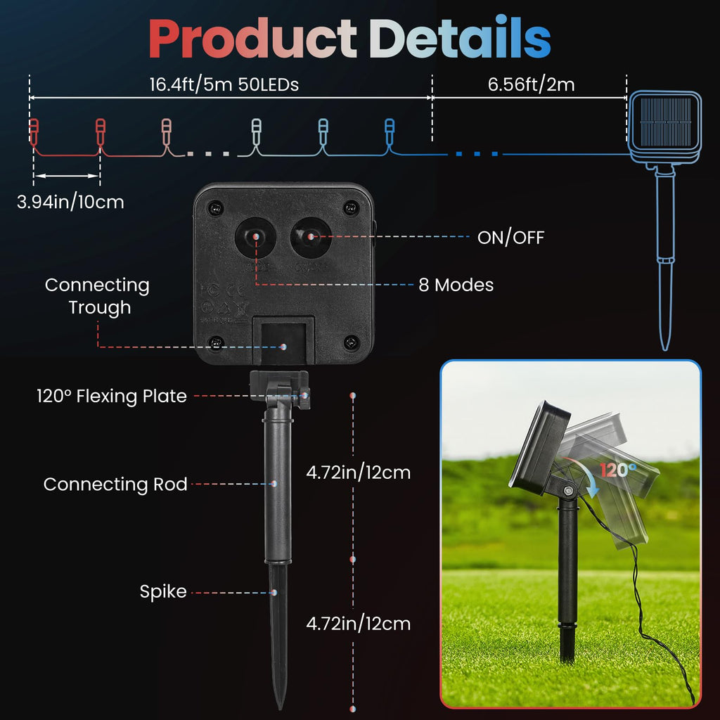 Moettany Solar String Lights Outdoor Waterproof - Red White and Blue view 4
