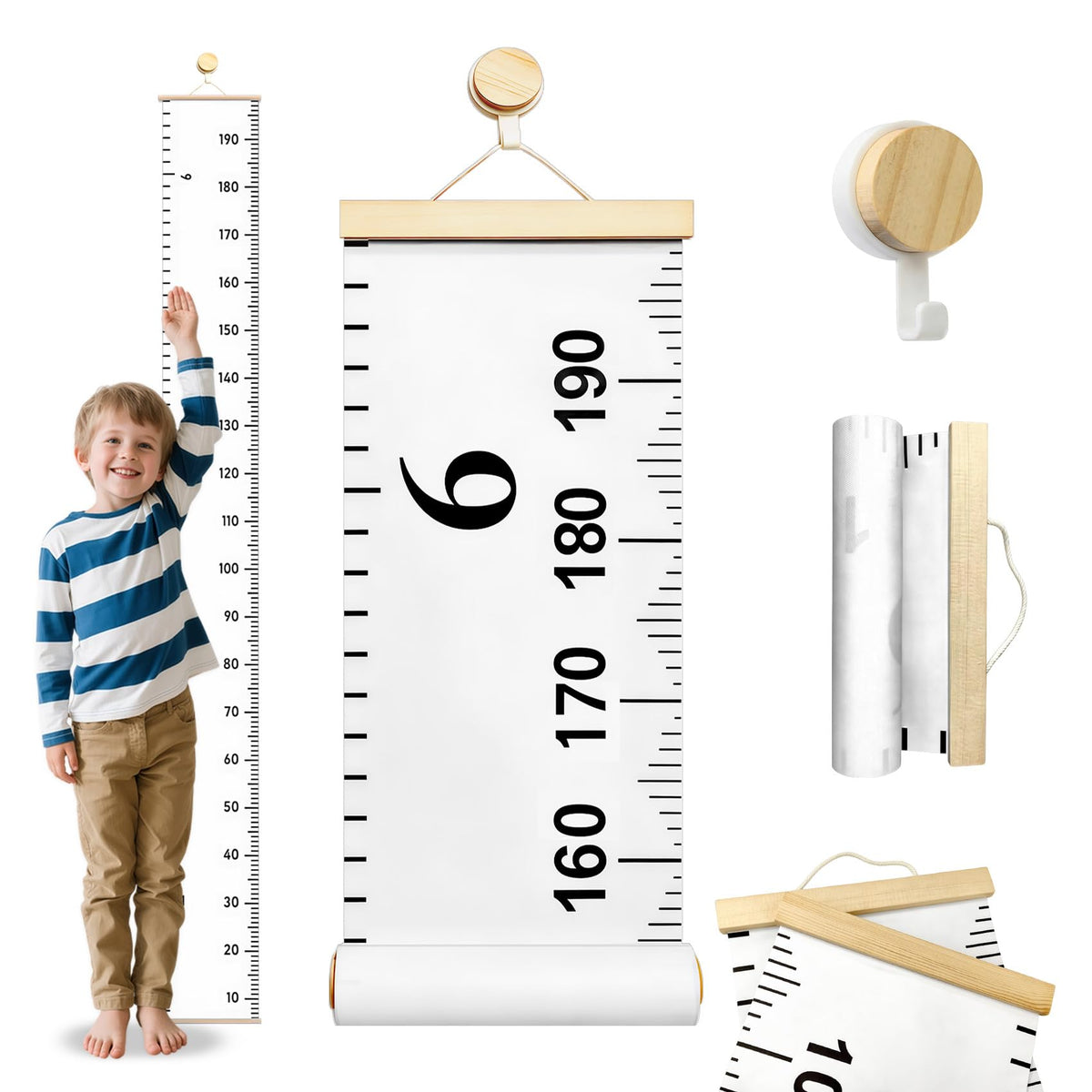 Growth Chart for Wall - Kids Height Measurement 21x195cm Canvas Decor with 1 Hook Wooden