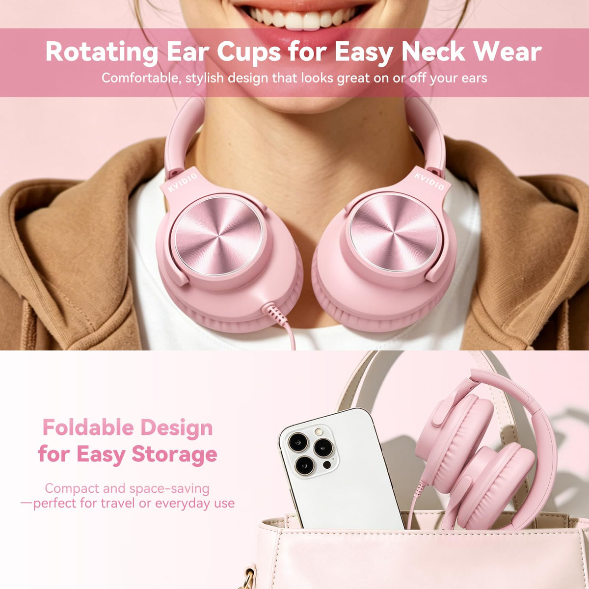 KVIDIO Wired Headphones with Mic - Pink view 4