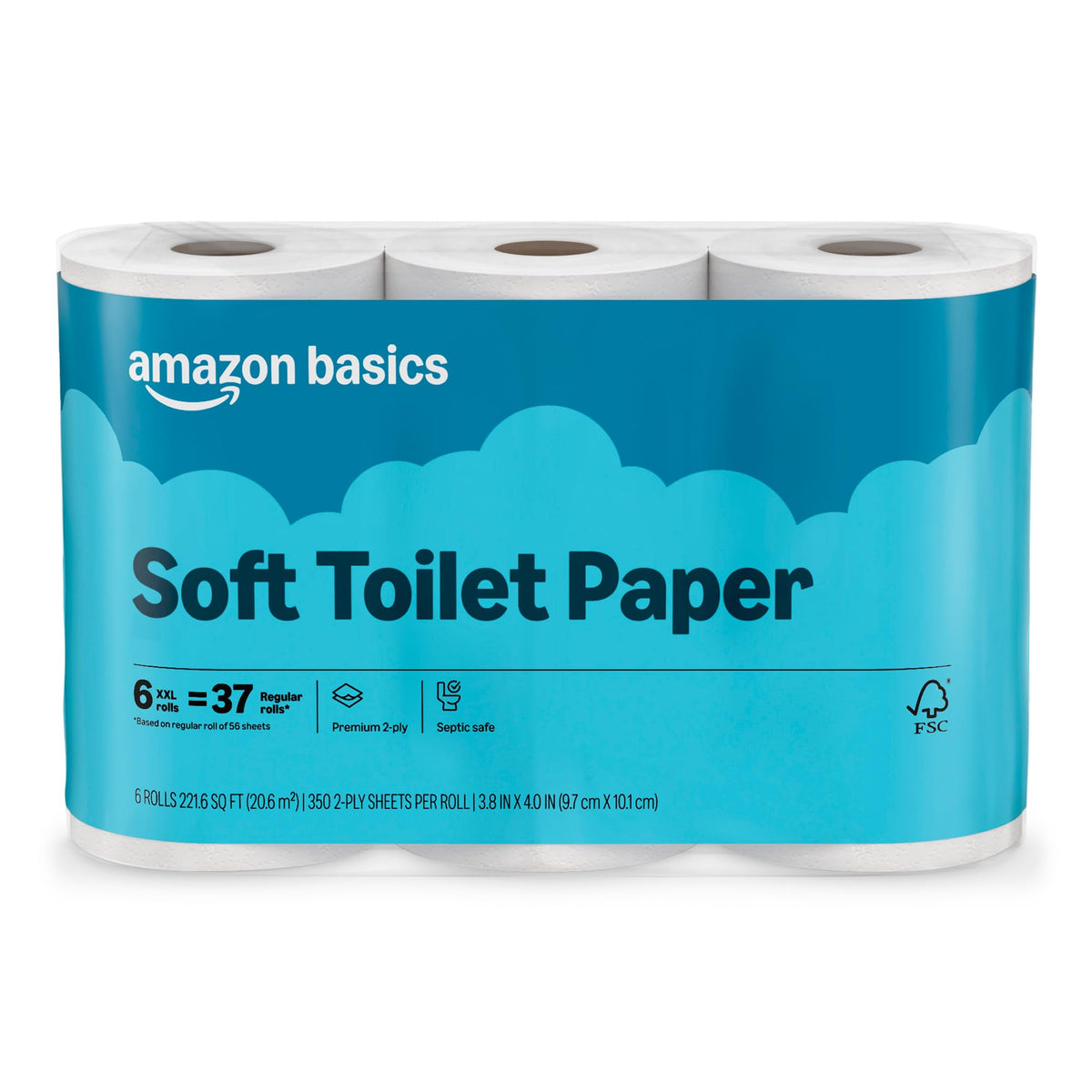 Amazon Basics 2-Ply Soft Toilet Paper, 6 Rolls, 350 Sheets per Roll, Equivalent to 37
