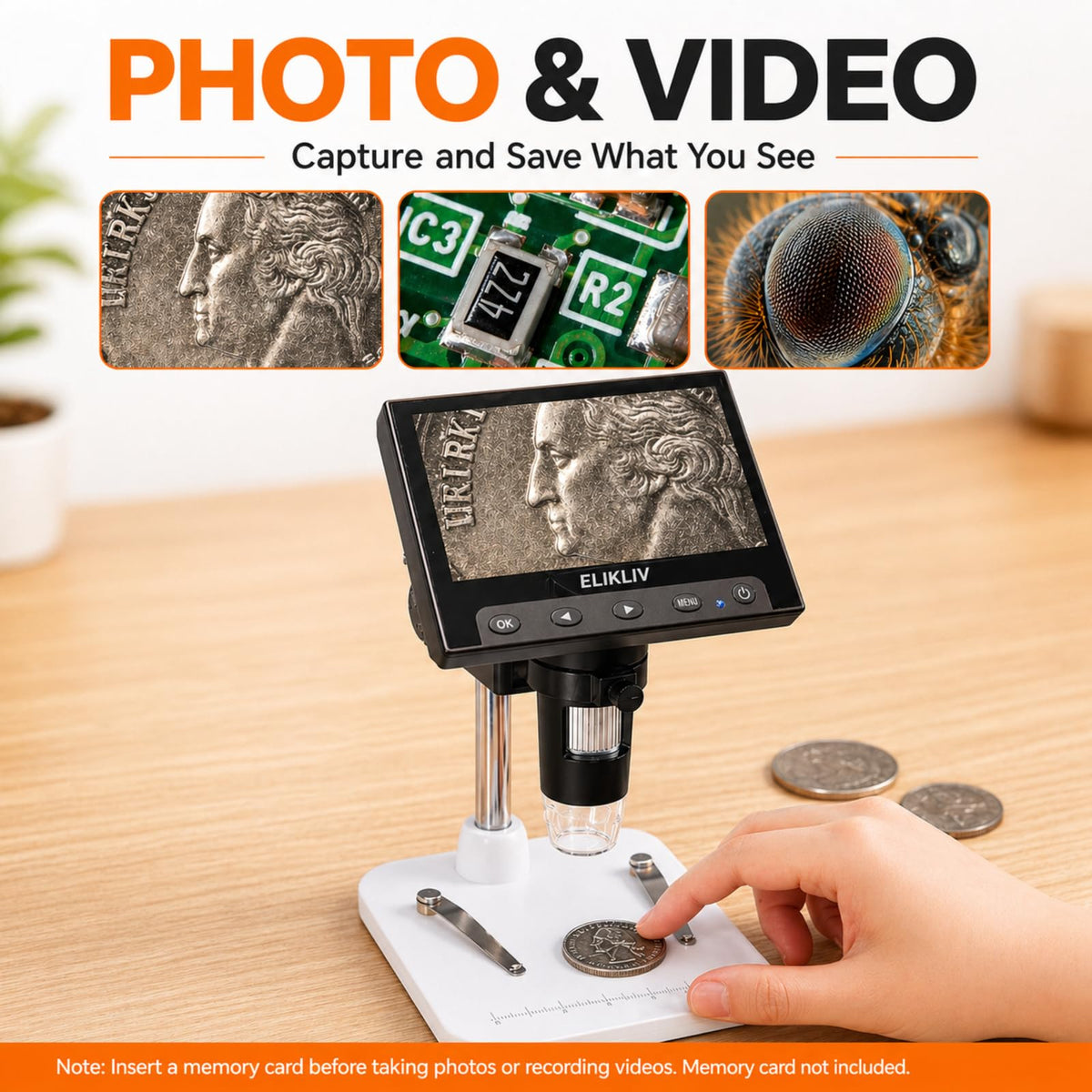 Elikliv Microscope, LCD Digital Coin Microscope 1000x, Coin Magnifier with 8 Adjustable LED Lights, PC View Compatible