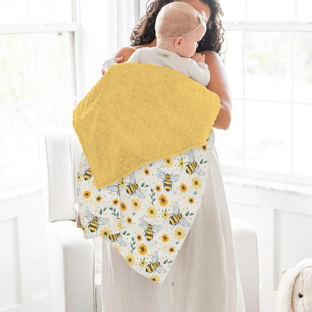 Bee Floral Baby Blanket Soft Mink Dotted Backing Double Layer Swaddle Receiving Blanket 30x40 - Yellow view 3