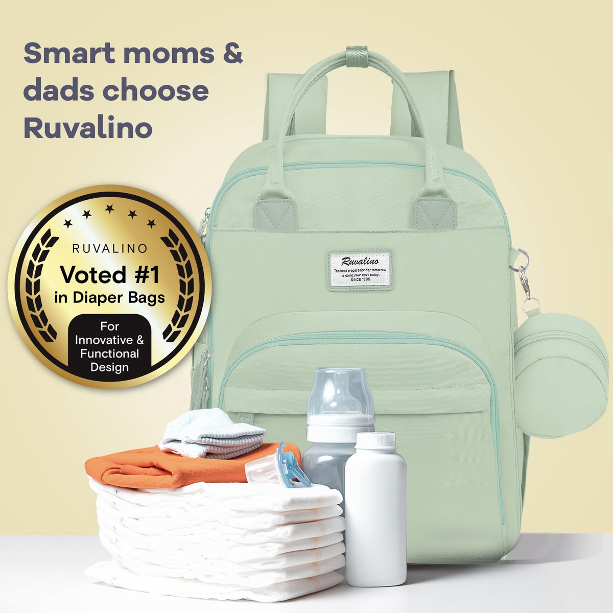 RUVALINO Diaper Bag Backpack-Multifunction Baby Travel Bag with Changing pad, Insulated Bottle Holders & Pacifier Case