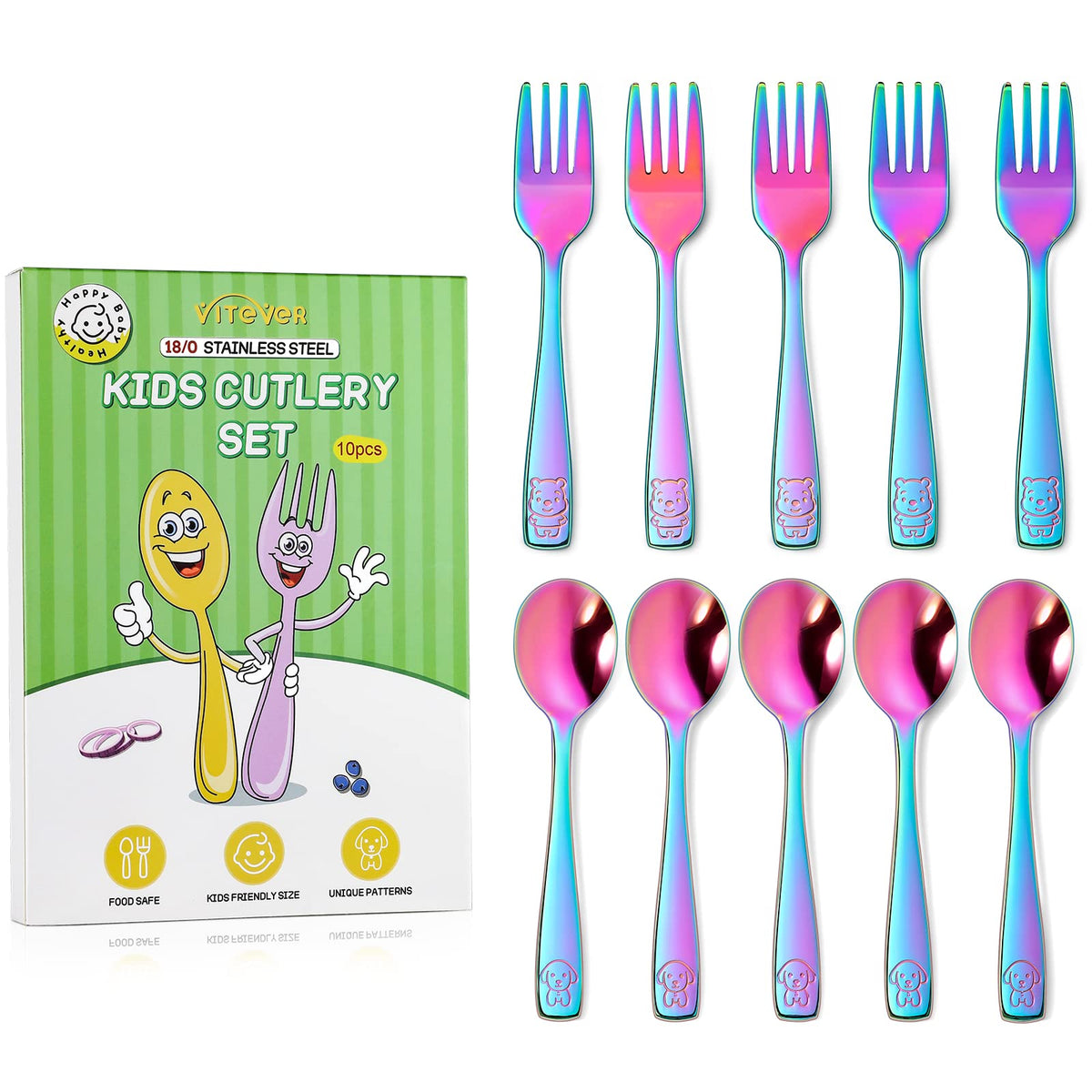 VITEVER 10 Pack Toddler Utensils, Stainless Steel Rainbow Silverware Set for Kids