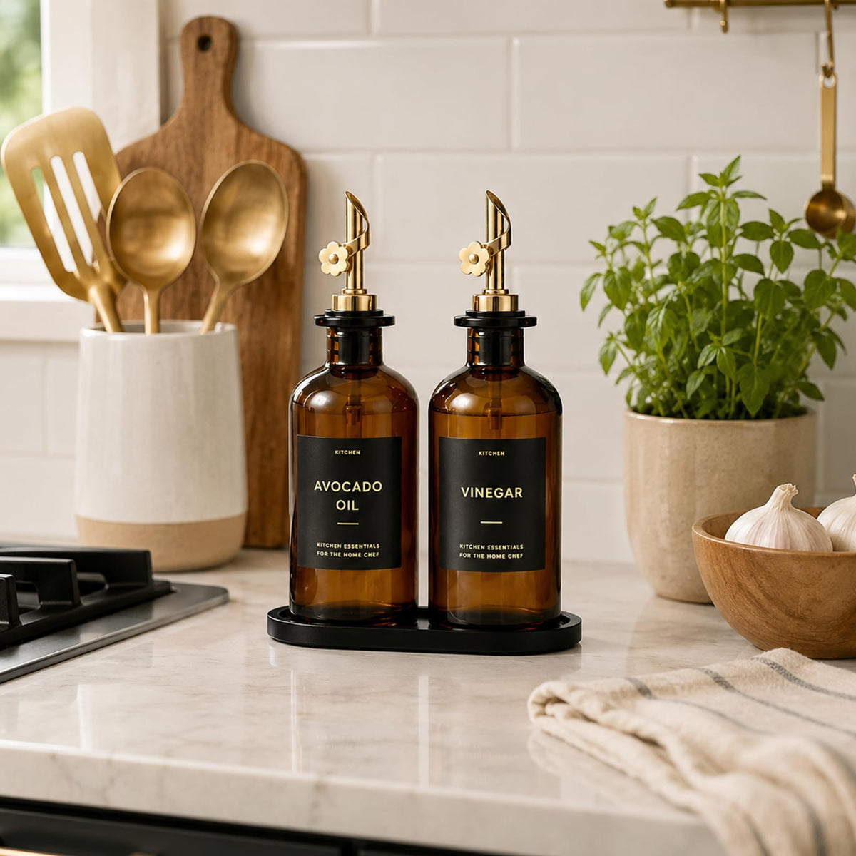 Olive Oil Dispenser for Kitchen, 2-Pack 12oz Glass Bottle - Brown&Gold Labels view 6