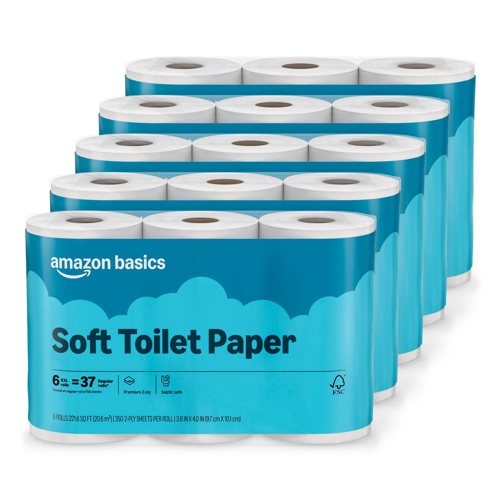 Amazon Basics 2-Ply Soft Toilet Paper, 30 Rolls (5 Packs of 6), 350 Sheets per Roll, Septic Safe, Equivalent to 185