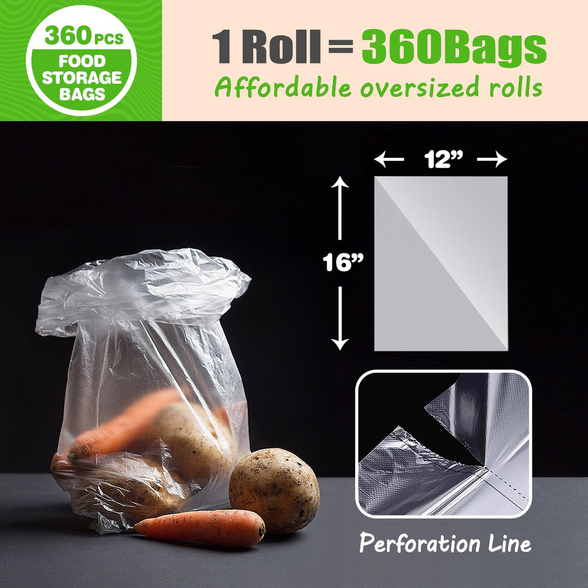 Teivio 360 Count 12" x 16" Plastic Produce Bags on A Roll, Clear Kitchen Disposable (additional view 1)