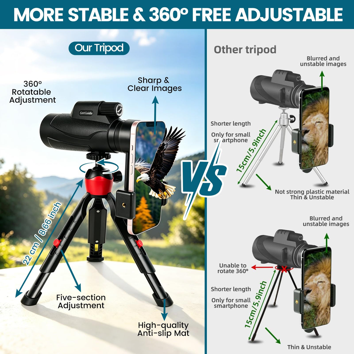 Cert Leidis Monocular Telescope with Tripod and Phone Adapter - view 5