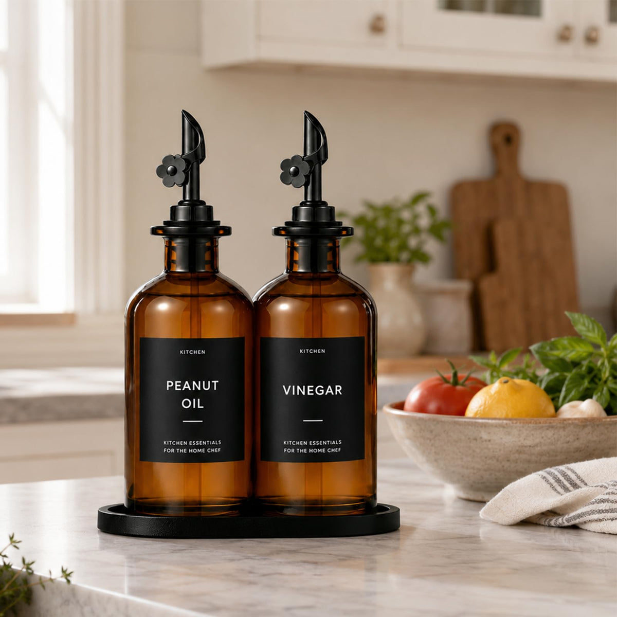 Olive Oil Dispenser for Kitchen, 2-Pack 12oz Glass Bottle - Brown&Black Labels view 6
