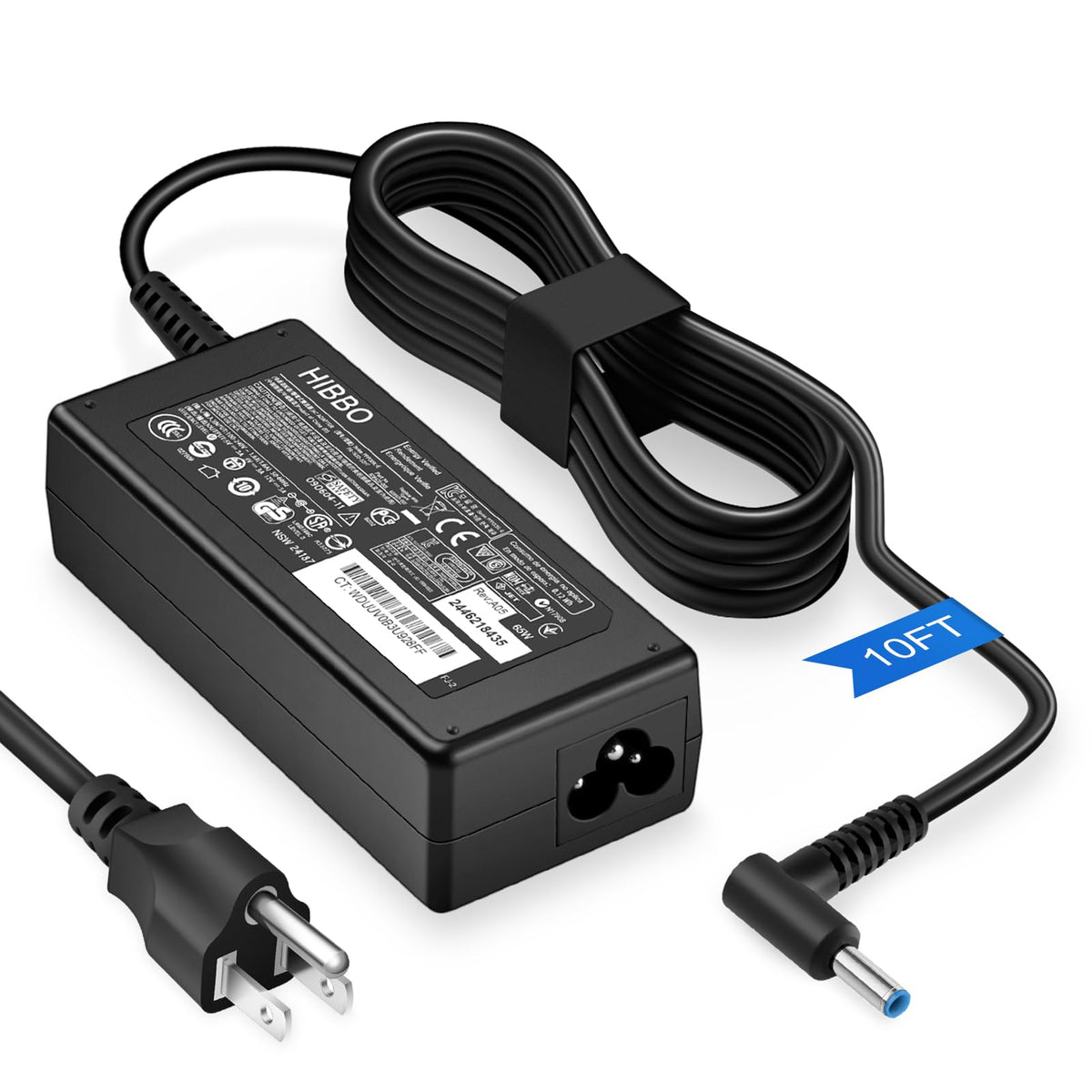 HIBBO Extra Long 10FT Charger for HP Laptop 65W 45W Smart Blue Tip Power Adapter (HP Laptop charger blue tip)