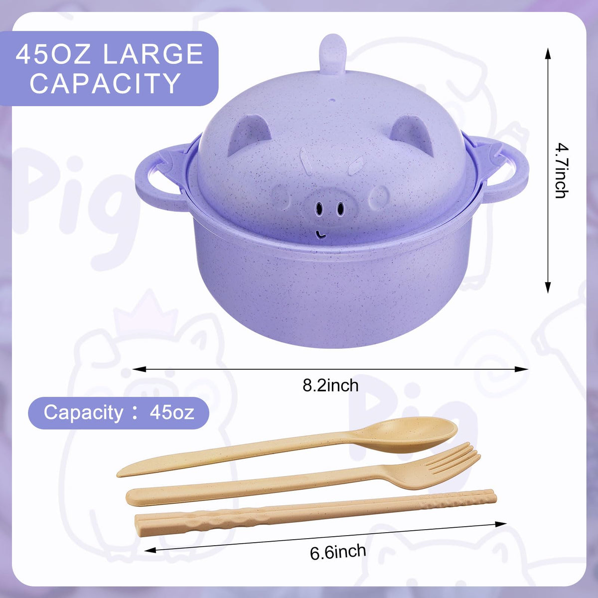 Romooa 45oz Cute Pig Ramen Bowl Set Microwavable