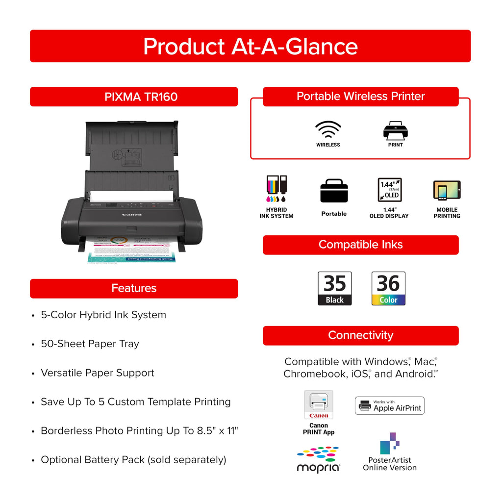 Canon PIXMA TR160 Color Wireless Portable Printer (7069C002)