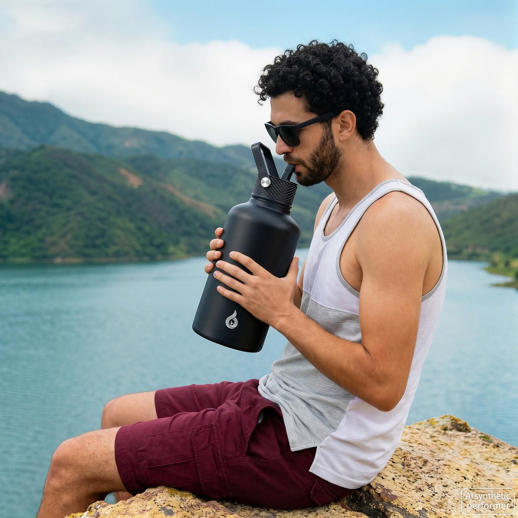 BJPKPK 64oz Insulated Water Bottle, Half Gallon Water Jug with Straw Lid (64A-black)