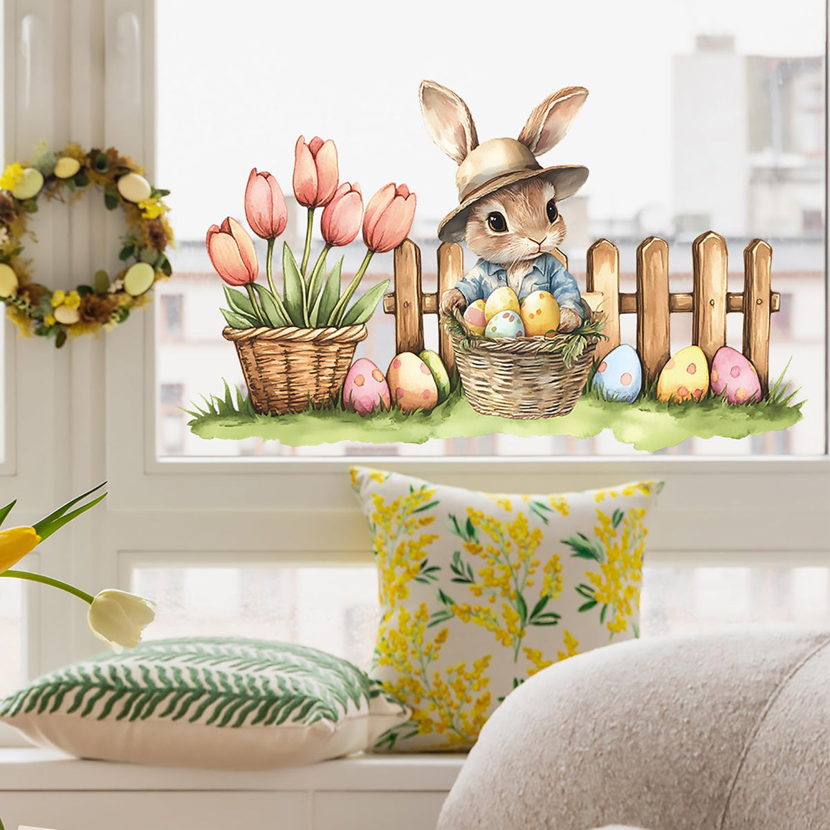 Easter Wall Stickers Cute Rabbit Easter Eggs Wall Decals Vinyl Peel and Stick Easter Wall