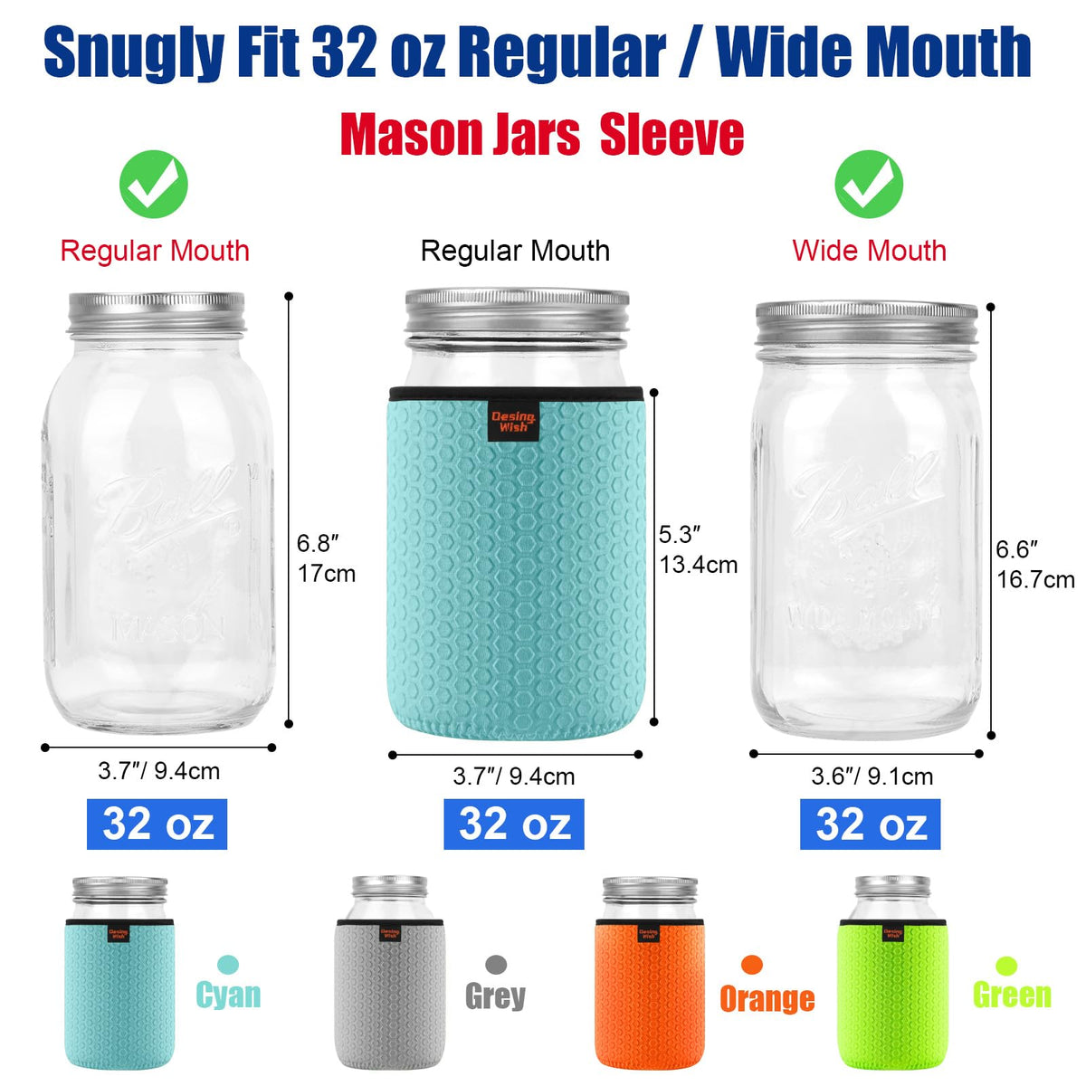 Desing Wish 32 oz Regular/Wide Mouth Mason Jar Neoprene Sleeve, 32oz Non-slip Cozy (additional view 1)