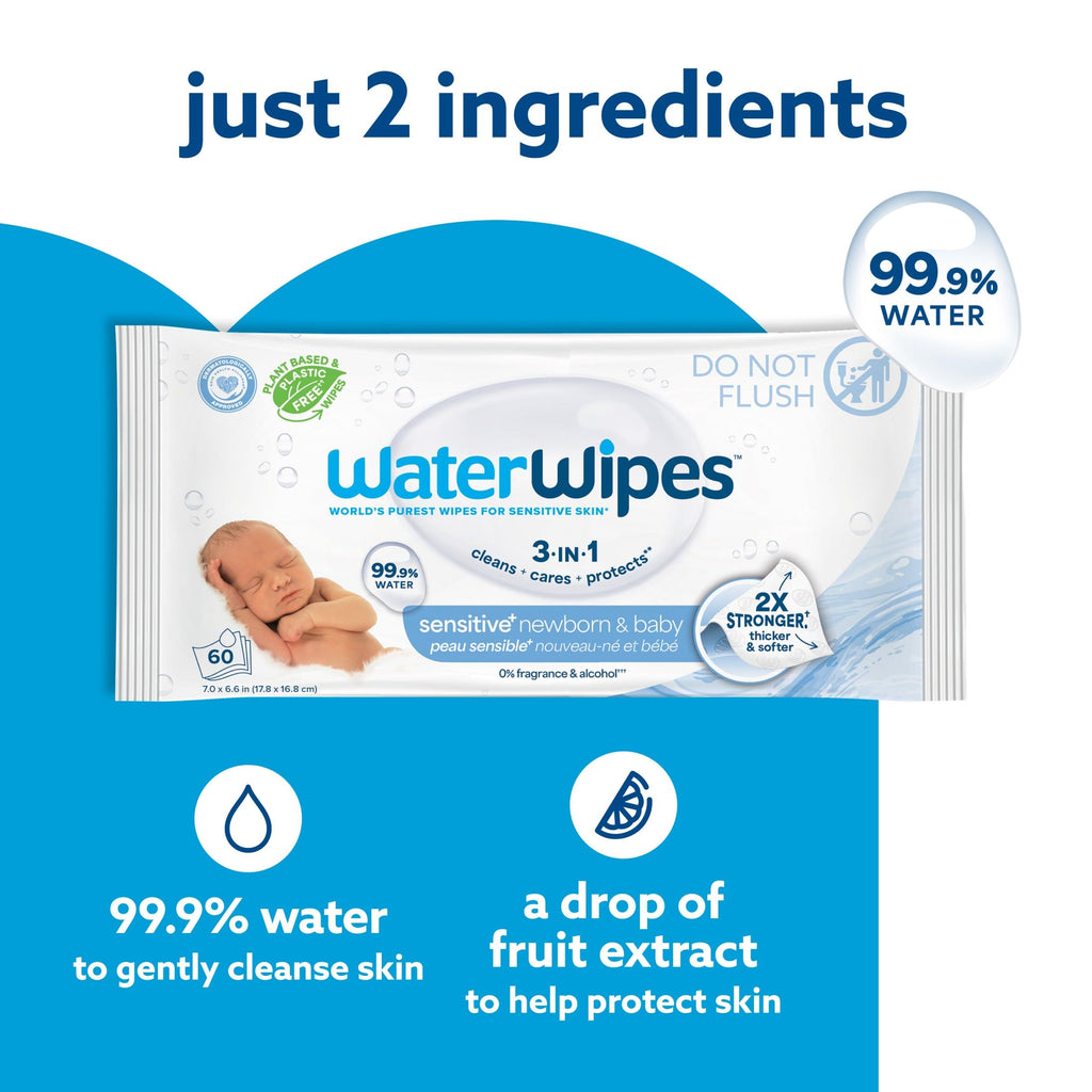 WaterWipes Sensitive+ Newborn & Baby Wipes, 3-In-1 Cleans, Cares, Protects, 99.9% Water, Unscented & Hypoallergenic (Pack of 5)