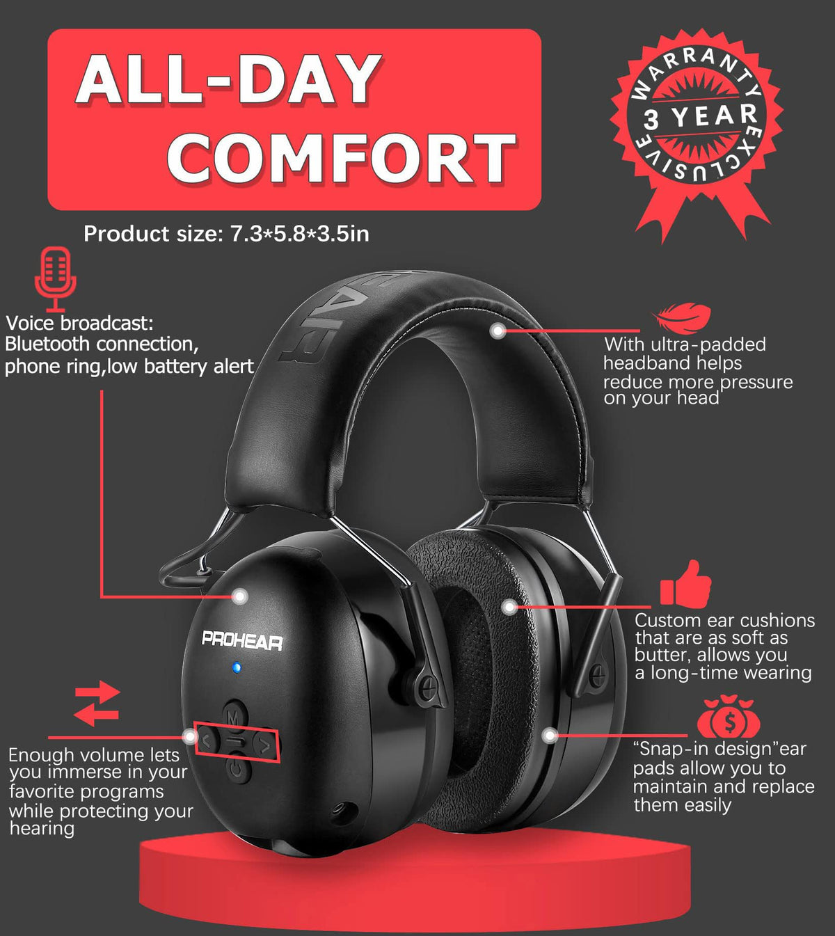 PROHEAR 037 2 Pack Bluetooth 6.0 Hearing Protection Headphones with Rechargeable, 30dB SNR Safety Noise Reduction Ear